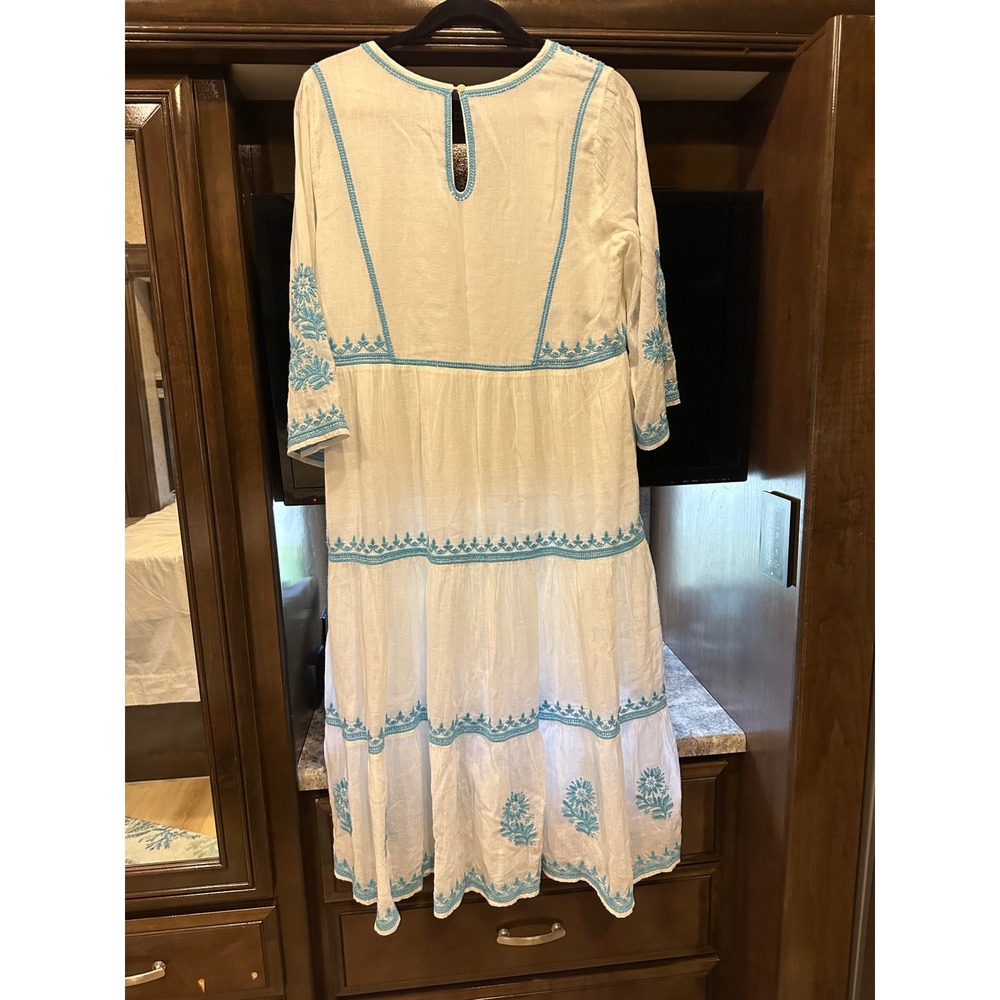 Soft Surroundings Maxi Dress Boho Sz M White Blue Embroidered Cotton Tassels - Picture 2 of 8